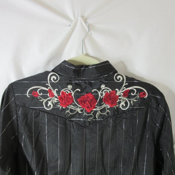 Roper Vintage Western Shirt Snap Black Silver Metallic Stripes Roses Size Medium - Picture 6 of 12
